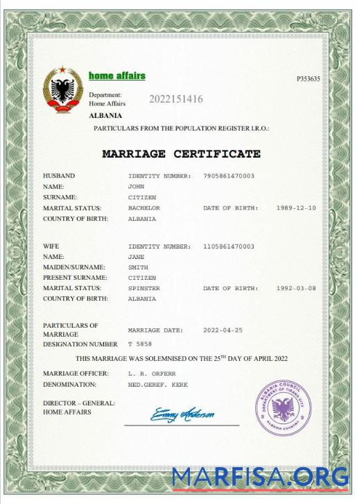 Blank Albania marriage certificate Word sample